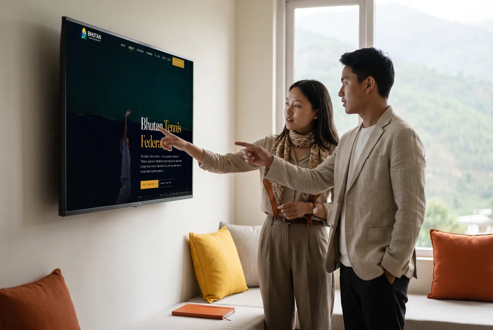 Two designers talking through the Bhutan Tennis Federation website on a big screen