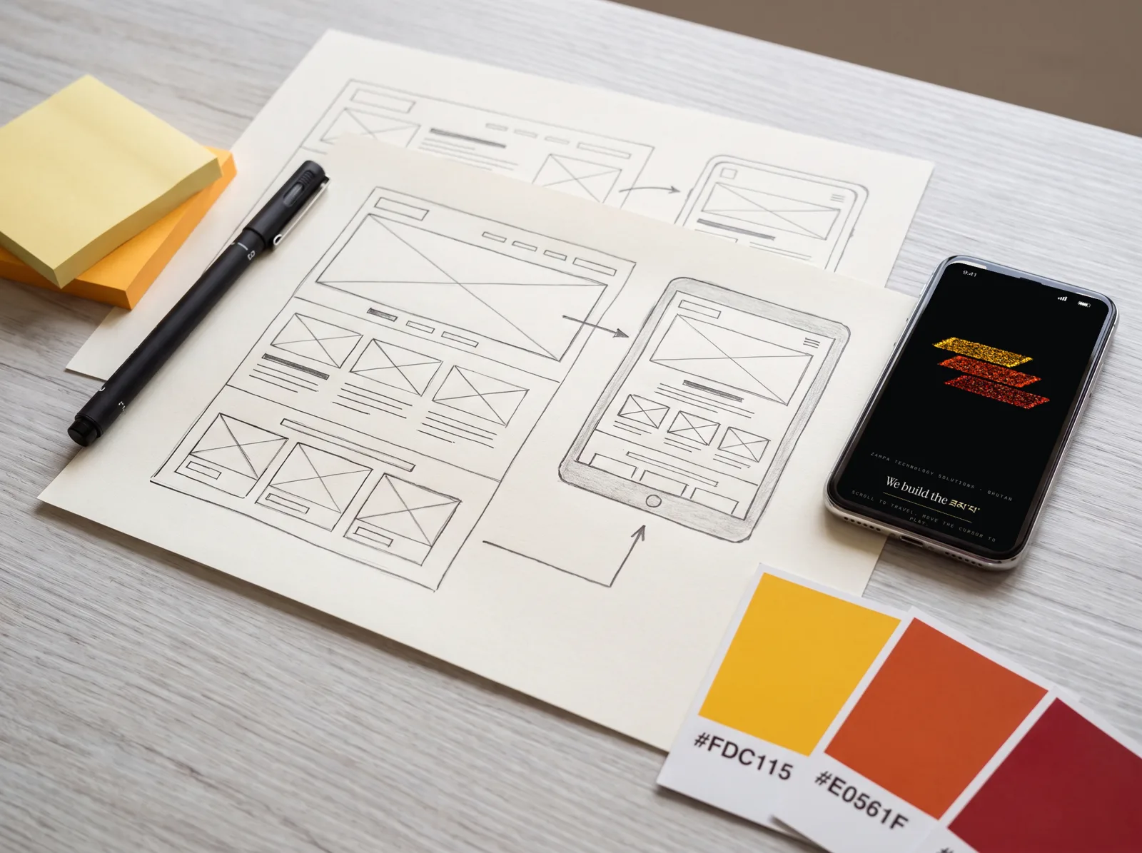 Hand-drawn website sketches beside a phone showing zampatech.com